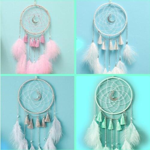 Opal Stone Moon Pendant Wind Chime Outdoor Decoration Hanging Dream Catcher Net with Feathers Home Room Ornament 1pc