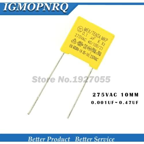10pcs X2 Safety capacitor 10mm 275VAC 275V 0.01UF 0.022UF 0.033UF 0.047UF 0.1UF 0.15UF 0.22UF 0.33UF 0.47UF Polypropylene film