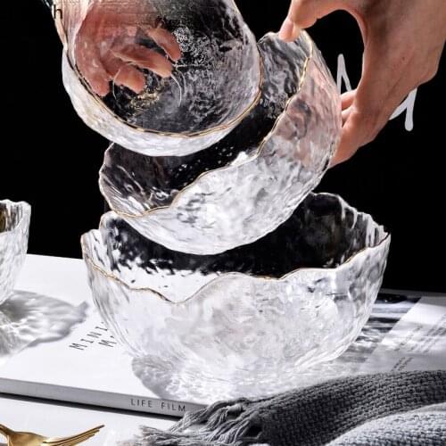 Gilded Irregular Glass Bowl Household Fruit Plate Salad Dessert Bowl with Gold Border Transparent Glass Bowl Kitchen Utensils