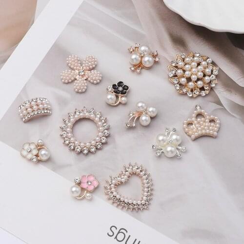 10PCS Pearl Flower Rhinestone Buttons Sparkling Crystal Hairpins Decoration Buttons DIY Clothes Making Sewing Accessories