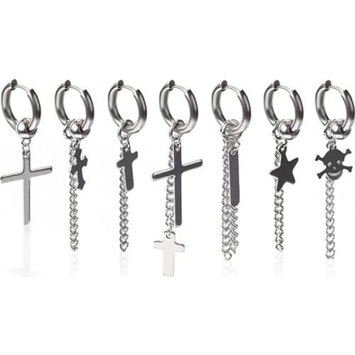 1 Pcs Men Women Punk Stainless Steel Cross Skull Small Circle Long Chain Tassel Earring Piercing Hip-hop Street Pop Ear Jewelry