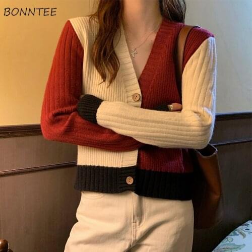 Sweater Women Cropped Cardigan Patchwork Teenagers Chic Elegant Single Breasted Ulzzang Vintage Femme Knitwear All-match Design