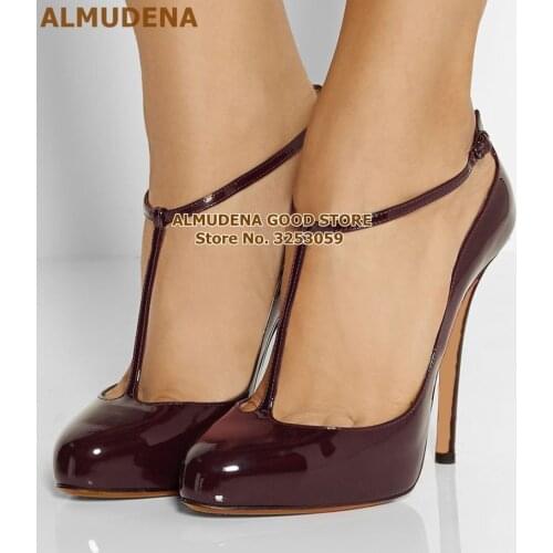 ALMUDENA Burgundy Patent Leather Mary Jane Shoes Stiletto Heels T-strap Buckle Wedding Pumps Wine Red Mirror Leather Party Shoes