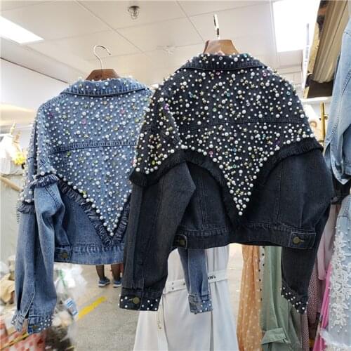 Retro Heavy Industry Beaded Tassel Jean Jacket Female 2021 Spring New Short Paragraph Denim Jacket Black Casual Jeans Jackets