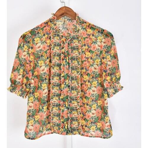 Women Shirt Floral Print Stand Collar Short Puff Sleeve Single Breasted Prairie Chic Female Blouses 2021 Spring Summer