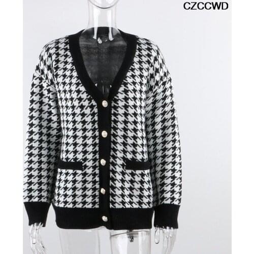 Plus Size Fashion V Neck Women Button Black Houndstooth Casual Autumn Winter Cardigan Long Sleeve Sweater Knitted Loose Jumper