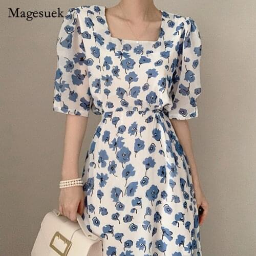 Chiffon Square Neck Puff Sleeve Floral Dress for Women Sweet High Waist Dress Vintage Women Summer Long Dress Vestido 14533