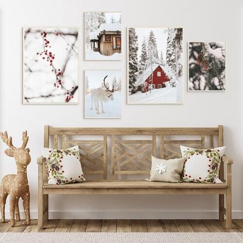 Winter Snow Scene Canvas Poster White Reindeer Snow Forest Photo Prints Neutral Christmas Wall Art Painting Pictures Home Decor