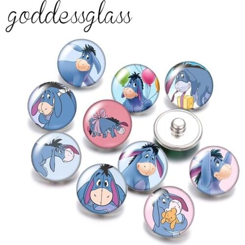 Disney Pooh Friends eeyore Cute donkey 10pcs Round photo glass 18mm snap buttons for 18mm snap bracelets jewelry