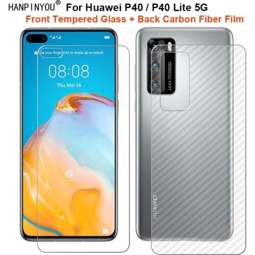 For Huawei P40 Lite E 5G 1 Set = Soft Back Carbon Fiber Film + Ultra Thin Clear Premium Tempered Glass Front Screen Protector