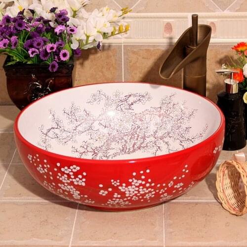 China Painting Red plum blossom Ceramic Painting Art Bathroom Vessel Sinks Round counter top wash basin