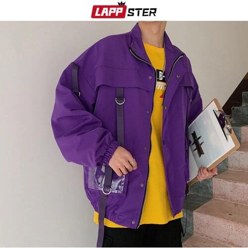LAPPSTER Men Ribbons Streetwear Bomber Jackets 2021 Autumn Mens Hip Hop Pocket Jacket Windbreaker Harajuku Purple Jackets Coats