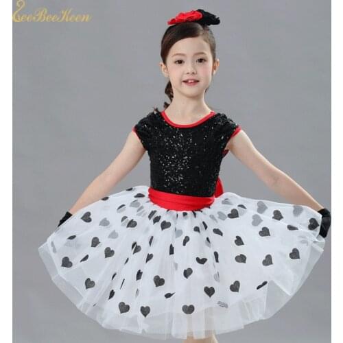 Cute Bow Polka Dot Dress For Girls Black short Sleeve Ballet Dress Children Tutu Ballet bailarina Sequins Performance Costume
