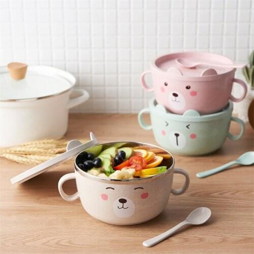 Cute Cartoon Stainless Steel Bowl with Spoon Creative Large Soup Noodle Rice Bowl Fruit Salad Food Container Kitchen Tableware