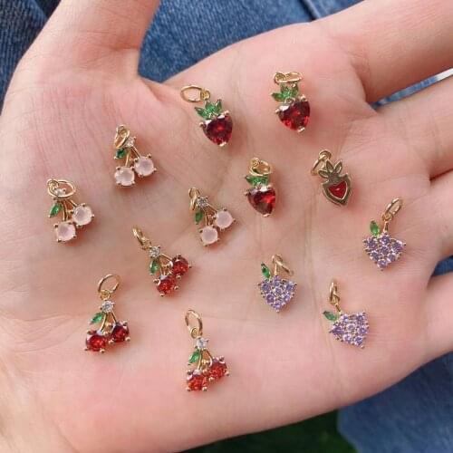 20Pcs, Wholesale Mini Gold Plated Colorful Zircon Sweet Cherry Strawberry Fruit Pendant Simple Charm Necklace for Jewelry making