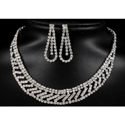 Fashion Crystal Pendant Bib Choker Chain Statement Necklace Earrings Wedding Crystal Jewelry Set