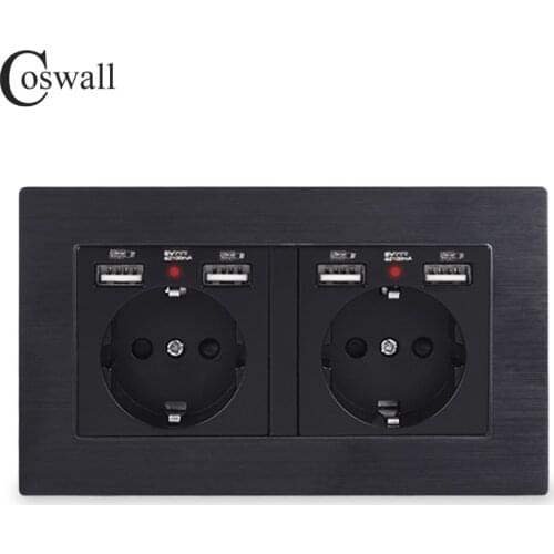 COSWALL Brand 2 Gang Russia Spain EU Standard Wall Socket With 4 USB Charge Port Hidden Soft LED Indicator Aluminum Metal Frame