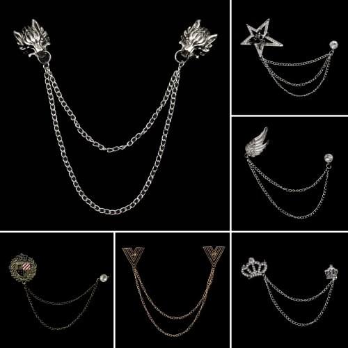 New Man Tassel Chain Brooch Dragon Crown Badge Star Beard Retro Lapel Pins Wedding Party Suit Shirt Collar Jewelry Accessories