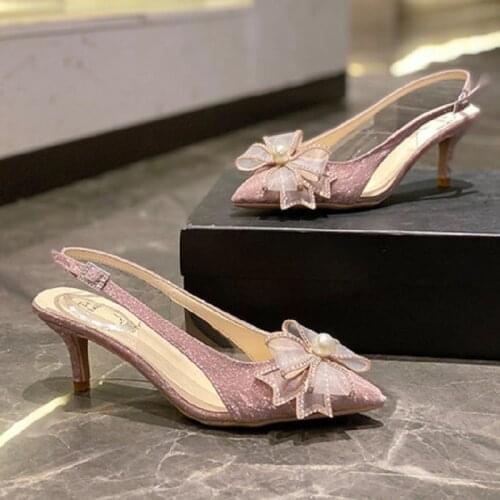 One Word Buckle Exquisite Bowknot Fashion Pointed Toe Ladies High Heels Summer Hot Selling Temperament Sandals Wedding Shoes