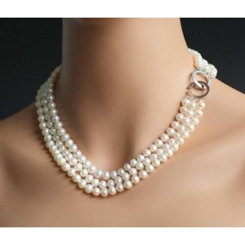 Unique Pearls jewellery Store 3 rows White Round Genuine Freshwater Pearl Necklace Charming Women Jewelry