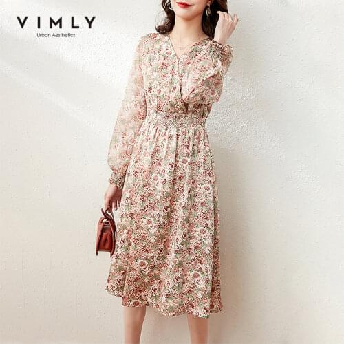 VIMLY Maxi Dresses For Women Vintage V Neck Floral Dress High Waist Elastic Beach Dresses Lady Vestidos Female Party Dress F6837