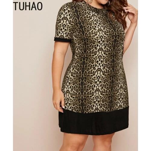 TUHAO Plus Size 8XL 7XL 6XL 5XL Womens Clothing Leopard Print Loose Doll Collar Short Sleeve Dress Casual Dresses for Woman