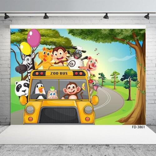Custom Name Child Baby Animal Theme Birthday Party Photography Monkey Bus Jungle Safari Backdrop Photo Studio Background Props