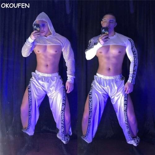 Sexy Night Show DS White Technology Future Theme Costume Mens Hollow Mesh Sports Suits Tide Hiphop Jazz Dance Outfit