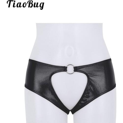 TiaoBug Women Lingerie Faux Leather Crotchless Jockstrap Sexy Men Low Rise Briefs Underwear Panties with Metal O-Rings Tanga