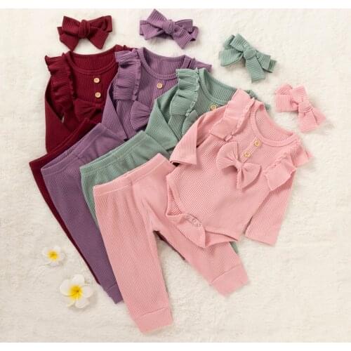 0-24M Spring Autumn Clothing Newborn Infant Baby Girls Clothes Sets 3pcs Solid Bowknot Long Sleeve Romper Tops Pants Headband