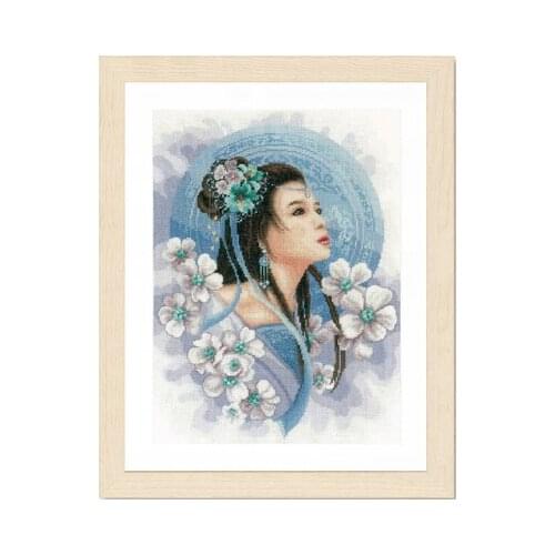 Top Quality Lady In blue princess Girl Lan Flowers Embroidery Needlework 14CT Unprinted Cross Stitch Kits Art DIY Handmade Decor