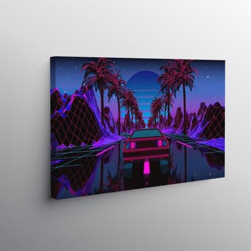 Retrowave car night scenery palm trees Poster Framed Wooden Frame Canvas Painting Wall Art Decor Study Home Decoration Prints
