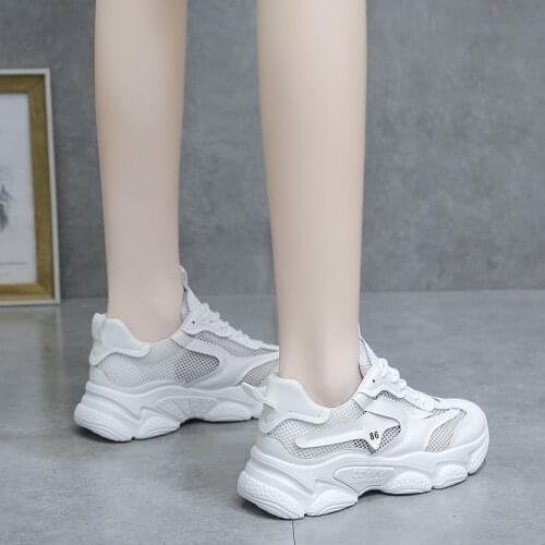 Comfy Breathable Mesh Trainers Chunky Heels 5cm Womens Platform Sneakers Women Shoes Casual Female White Mesh Shoes For Woman