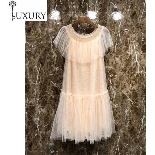 2020 Dresses Princess Ladies Summer Style Women Sexy Tulle Mesh Patchwork Short Sleeve Casual Loose Apricot Blue Lace Dress