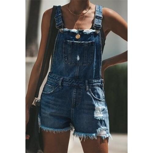 Vintage Strap One-Piece Shorts Denim Jumpsuits Summer Ripped Pocket Slim Women Overalls Casual Tassel Hole Blue Cowboy Jumpsuit