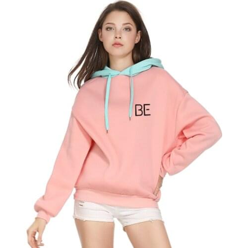 Pink Letter Prnt Casual Pullover Hoodies Women Hooded Sweatshirts 2021 Spring Fashion Patchwork Female Drawstring Tracksuits Top