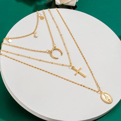 Fashion Bohemian cross Vintage Pendant multilayer Coin Geometric Moon Star necklace For Women Long 2020 Engagement necklace