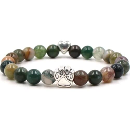 10 Colors 8mm Colourful Natural Stone Beads Bracelets Dog Cat Footprint Paw Charms Bracelet Love Heart Pet Lover Strench Jewelry