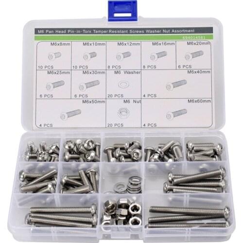 106pc M6 Pan Head Pin Torx Security Screws M6 Plain Washer M6 Hex Nut Assortment,Stainless Steel kit