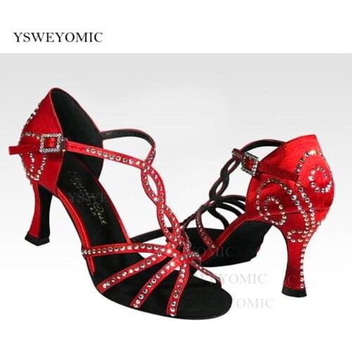 2021 Summer New Style Salsa Shoes Soft Thick Insole Black Bronze Red Satin Crystal Dance Shoes Latin Women