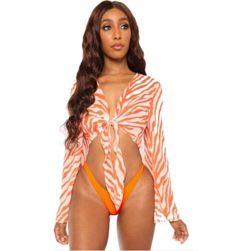 3 Pieces Sexy Women Spaghetti Strap Two Pieces Bikini With Long Sleeve Mesh Cover Up Summer Swimwear 3pcs Strappy Print Biquini