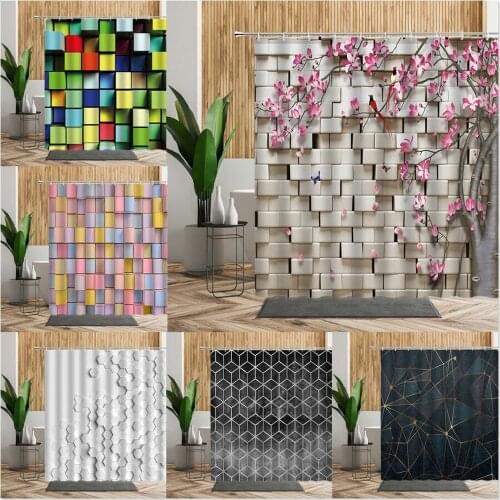 3D Geometric Pattern Tree Pink Flower Birds Shower Curtain For Bathroom Floral Printed Home Bath Decor Wall Cloth Fabric Curtain