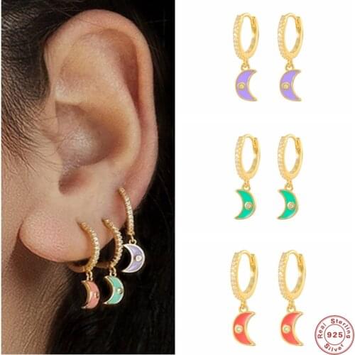 Aide 925 Sterling Silver Colorful Enamel Moon Charm Hoop Earrings For Women Luxury Pave Zircon Circle Earring Hoops Party Jewels