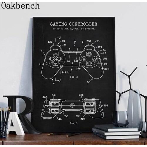 Gamepad Game Joystick Print Gaming Controller Patent Canvas Painting Blueprint Wall Art Poster Abstract Picture Playroom Decor