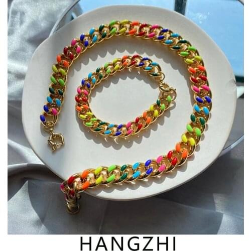 HANGZHI 2021 New Trendy Color Drip Glaze Contrast Stitching Cuban Clavicle Choker Metal Copper Necklace for Women Girls Jewelry