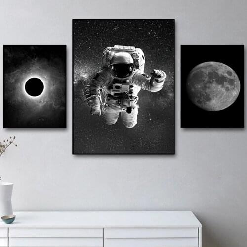 Astronaut and Moon Space Canvas Painting Black and White Poster and Prints Wall Art Pictures for Living Room Home Decor No Frame