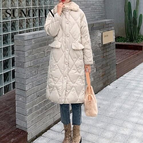 Sungtin Thick Winter Argyle Coat Women Long Furry Collar Oversize Loose Outerwear Female White Casual Padded Jacket Parka Korean