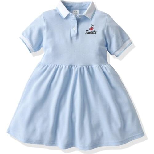 Girls' Summer Polo Dress Light Blue 100% Cotton Childrens Popular Preppy Style Kids Dress Europe 2 Year Old Baby Girl Clothes