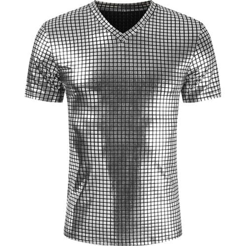 Silver Coated Metallic T Shirt Men Shinny Casual V-Neck Mens T-Shirt Night Club Shirts Hip Hop Tee Top Plaid Harajuku Streetwear