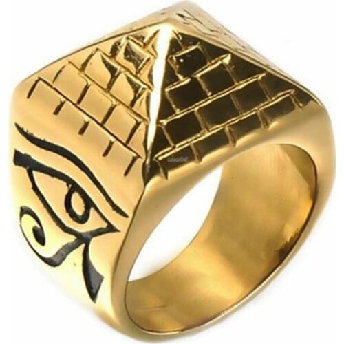 Mens Gold Egyptian Pharaoh Eye of Horus Pyramid Ring Gold Men Size 8-12